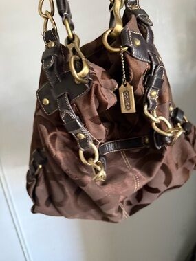 Coach Brown Signature Canvas Shoulder Bag with Gold Hardware